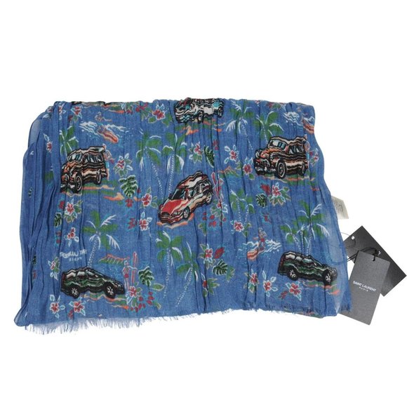 Saint Laurent Unisex SS16 Surf Palmeraie Hawaiian Print Scarf Blue Cashmere Silk - Picture 1 of 9